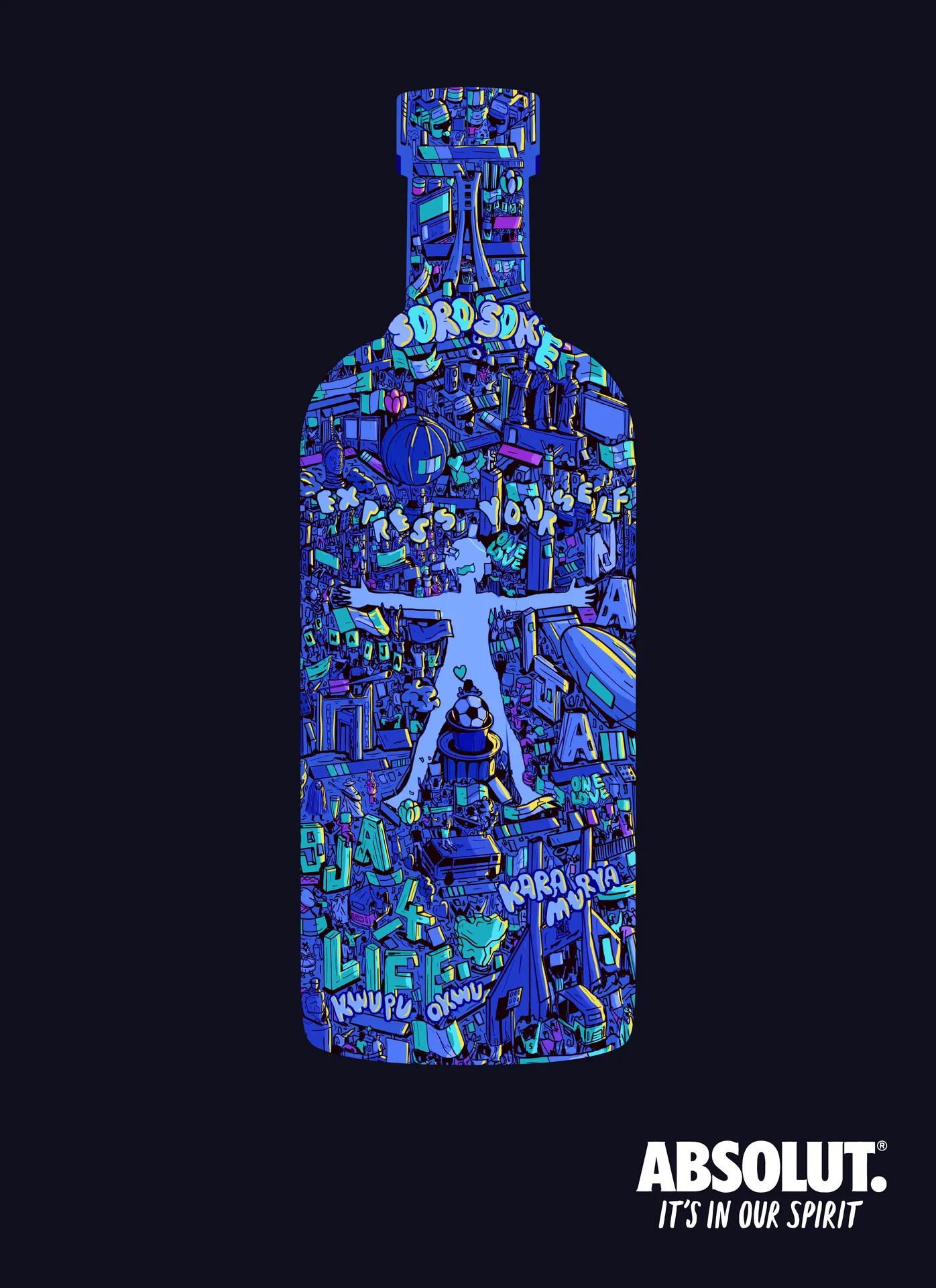 Absolut poster: an Absolut bottle filled with a blue city scene and words like "Soro soke" and "Express yourself", tagline "It's in our spirit"