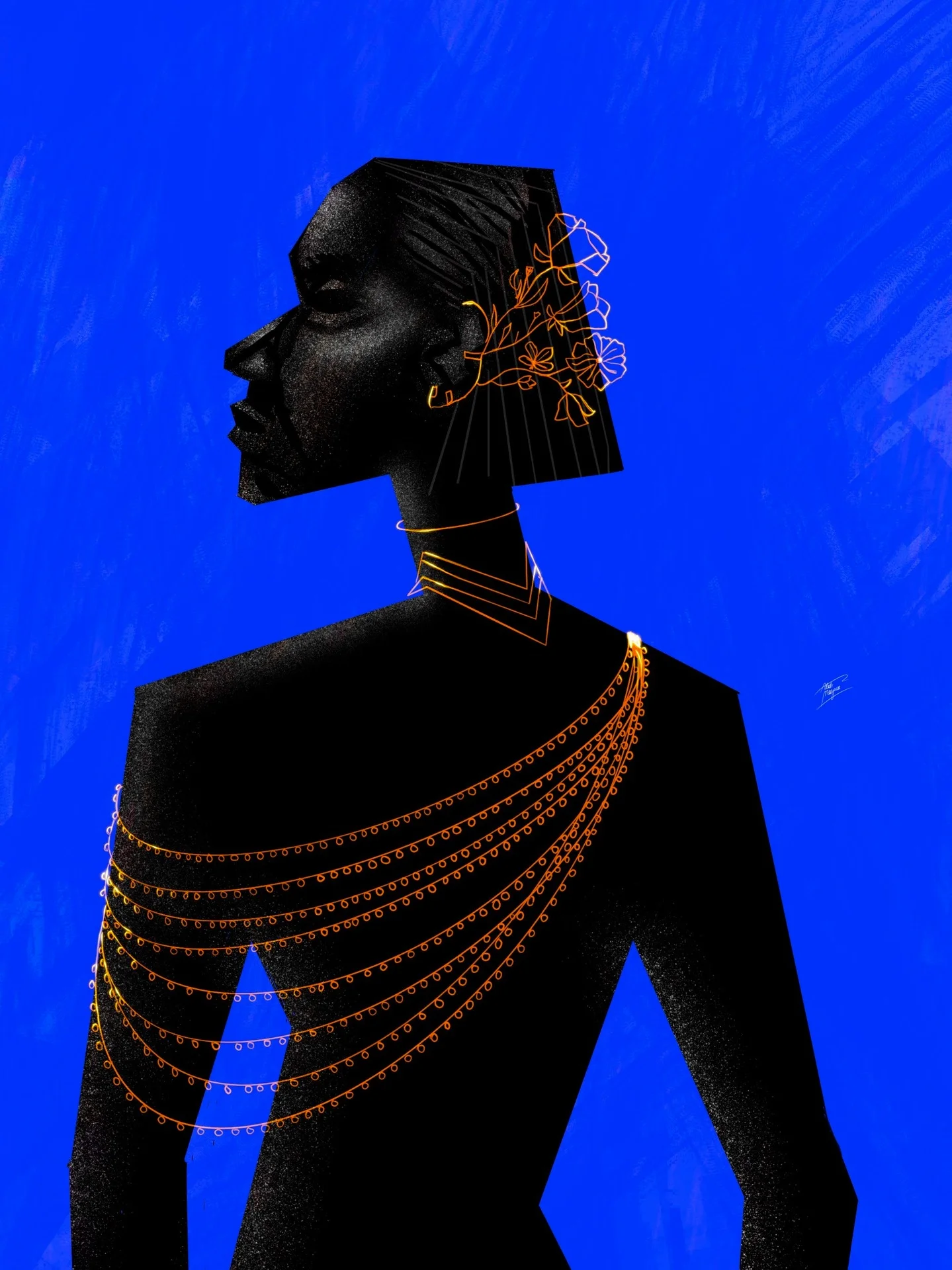 Illustration of a woman in profile with gold line-drawn flowers in her hair and strands of gold chain draped across her back, on vivid blue