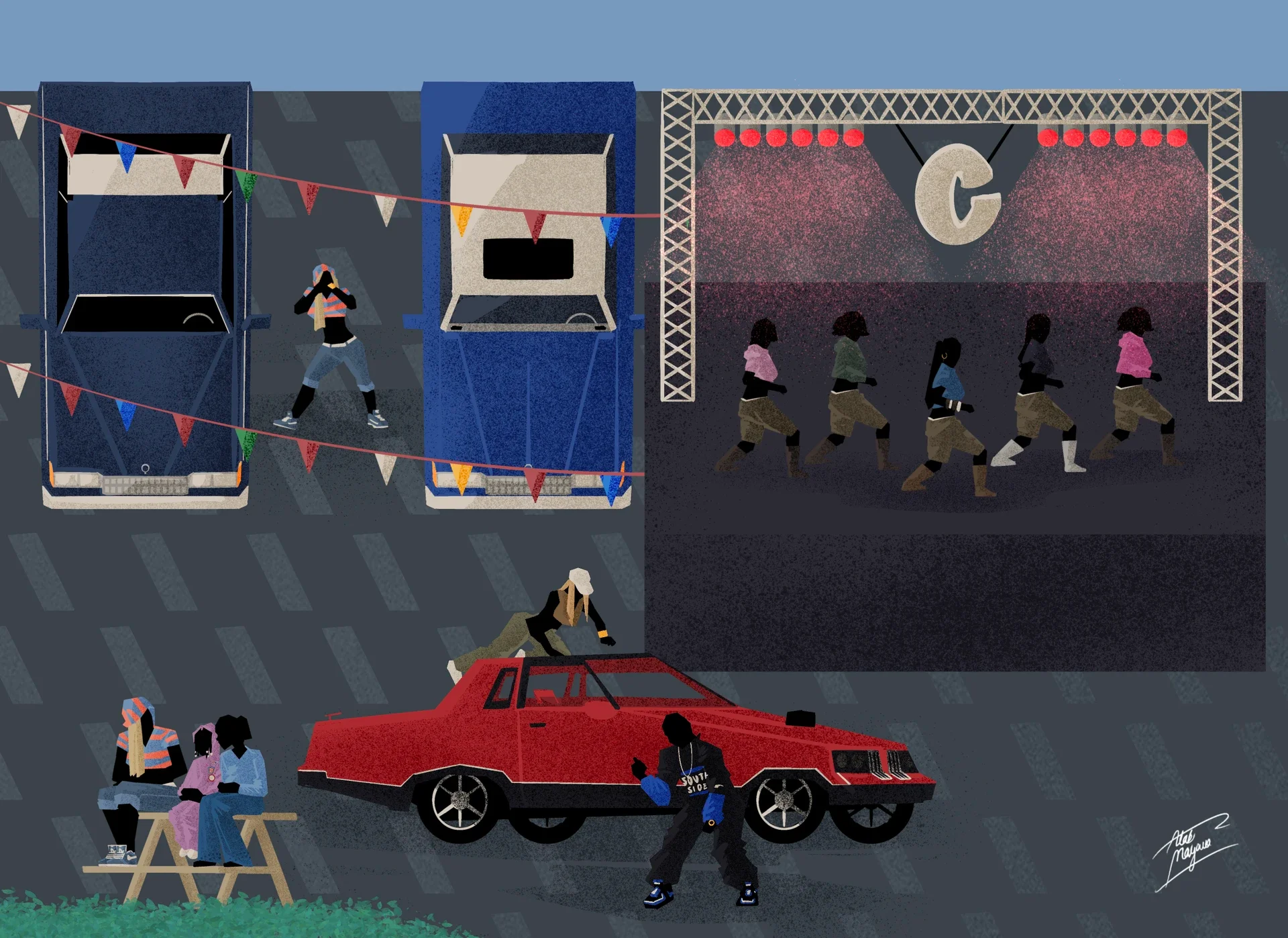Illustration of a night-time car park block party: women dancing on a stage under a lit 'C' sign, lowrider cars, bunting, and friends watching from a picnic bench