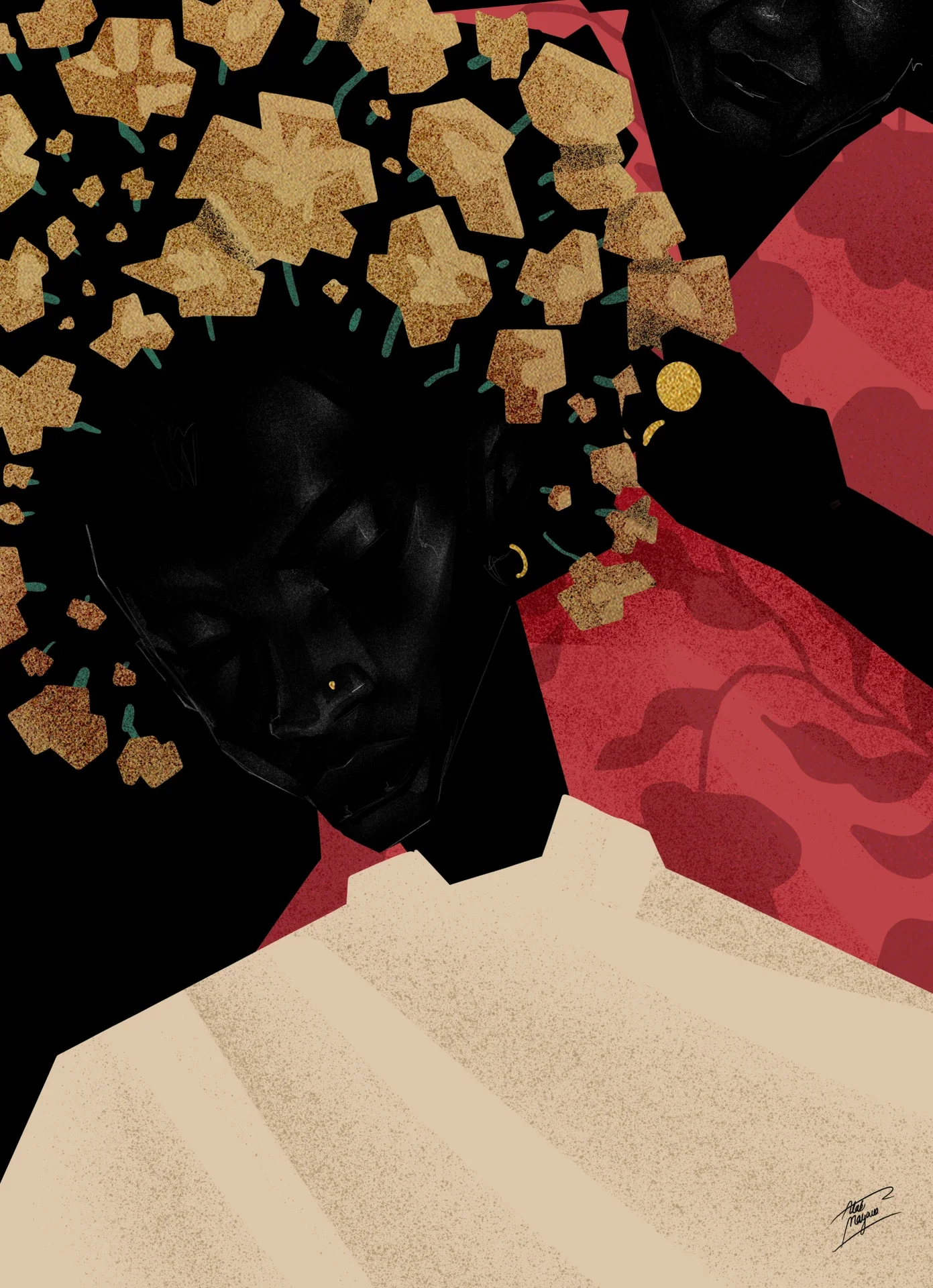 Illustration of a dark-skinned figure with head bowed, hair made of gold flower-like shapes, wearing a cream garment against black and a red floral background
