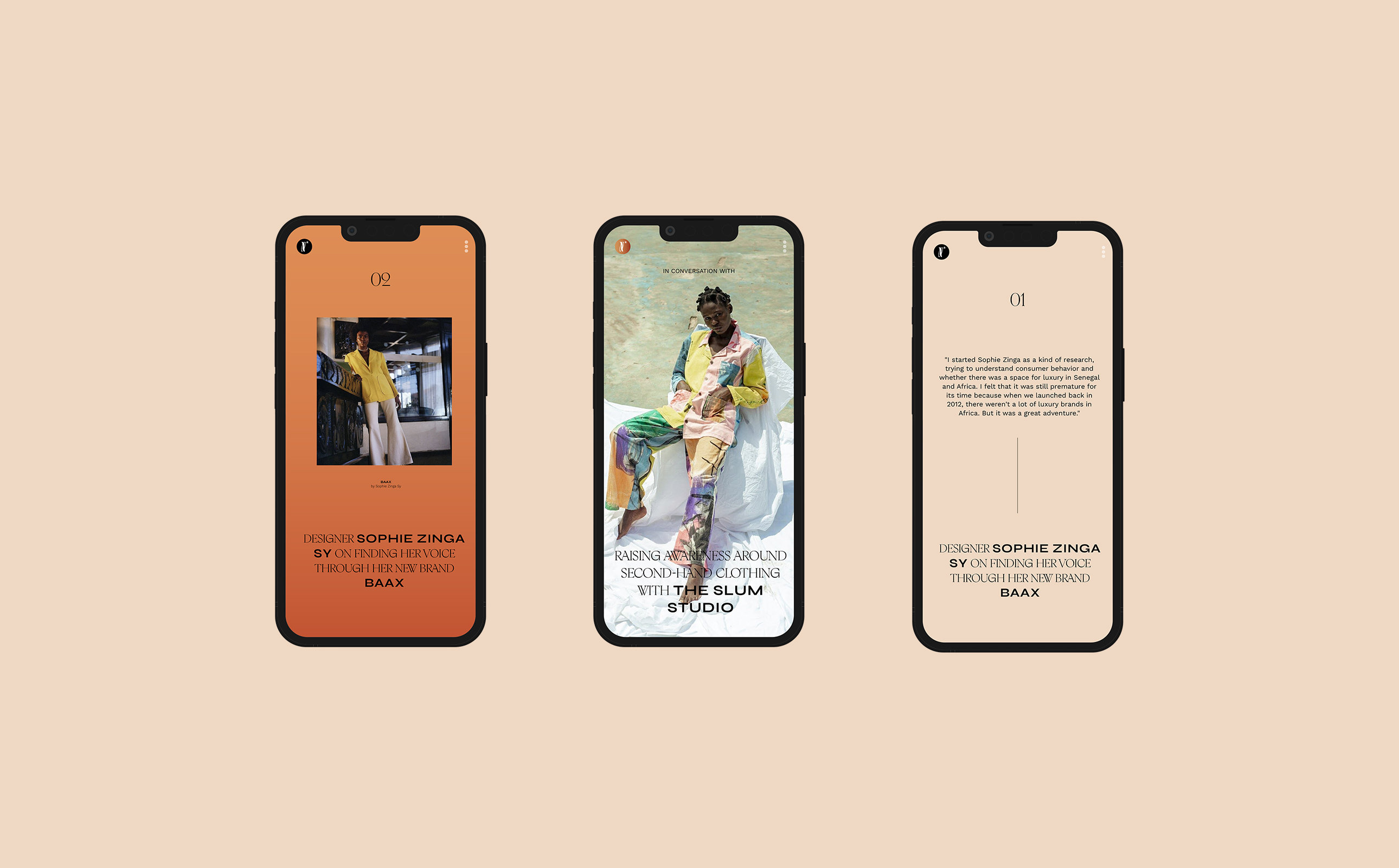Three mobile phone showing images and text layout