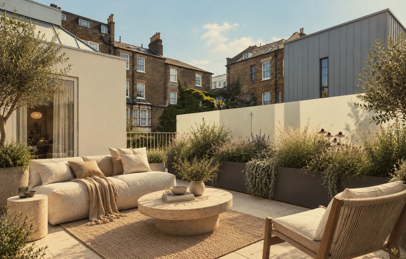 A planted roof terrace at Northcote House, with a sofa and stone table among olive trees