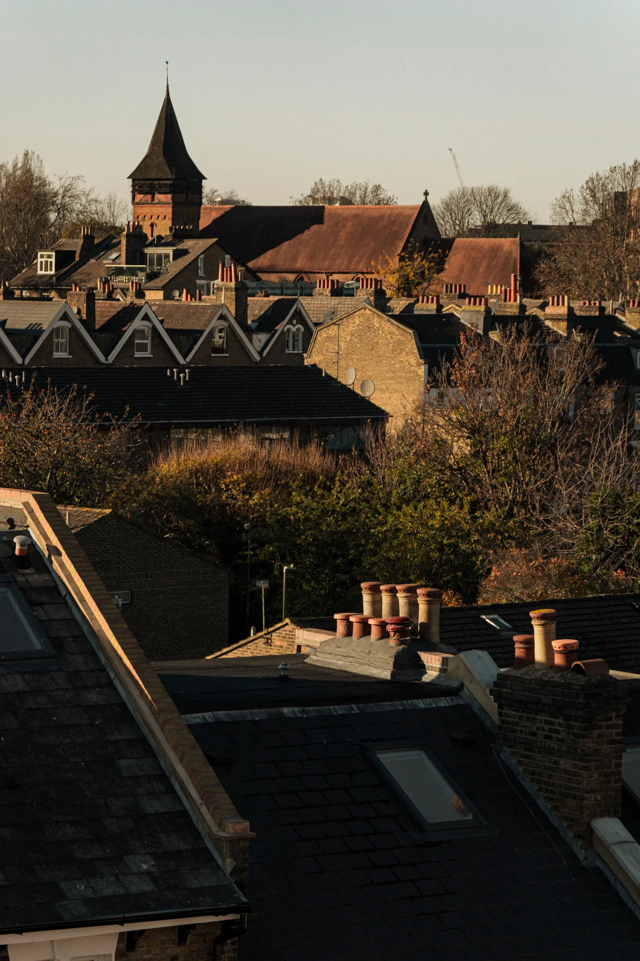 Rooftops and the church spire above Northcote Road