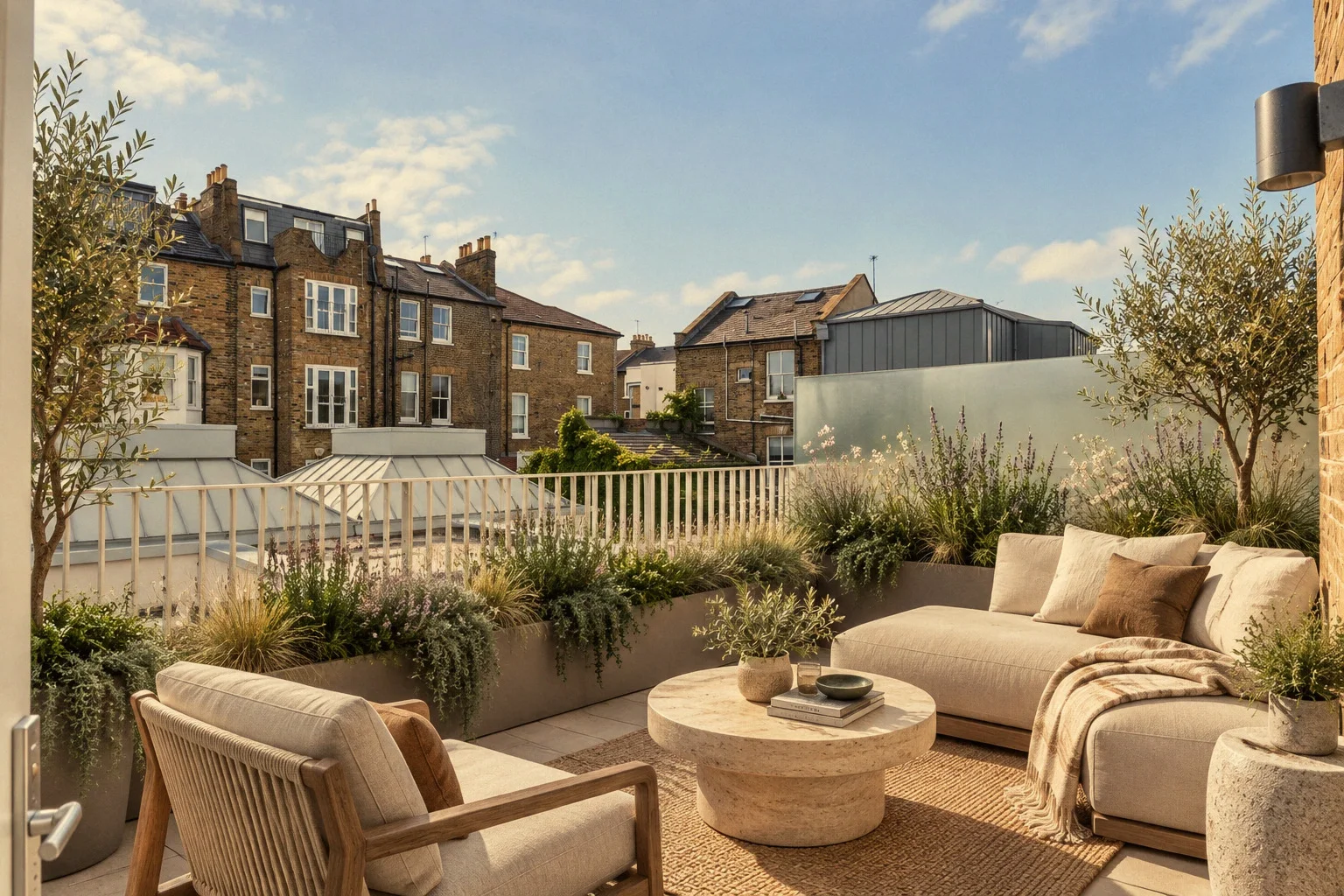 Roof terrace seating looking out over Battersea rooftops